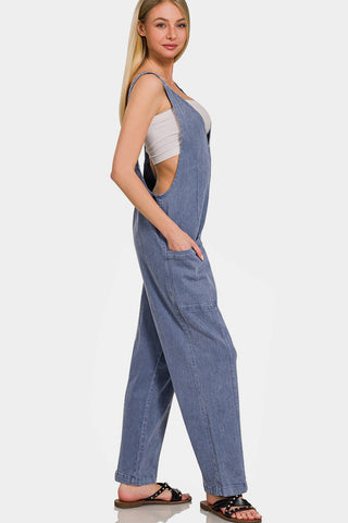 Zenana Pocketed Wide Strap Denim Style Jumpsuit