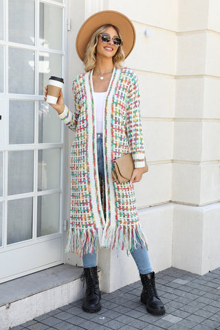 Multicolored Open Front Fringe Hem Cardigan