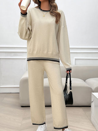 Round Neck Dropped Shoulder Top and Pants Sweater Set