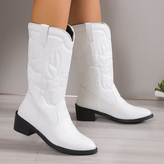 PU Leather Point Toe Block Heel Cowgirl Boots