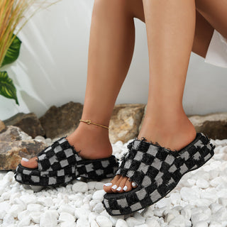 Plaid PU Leather Platform Slide Sandals