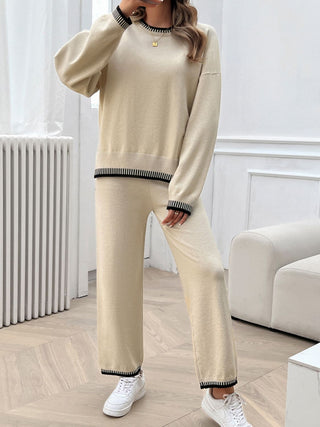 Round Neck Dropped Shoulder Top and Pants Sweater Set