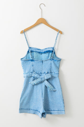 Tied Belt Spaghetti Strap Denim Romper