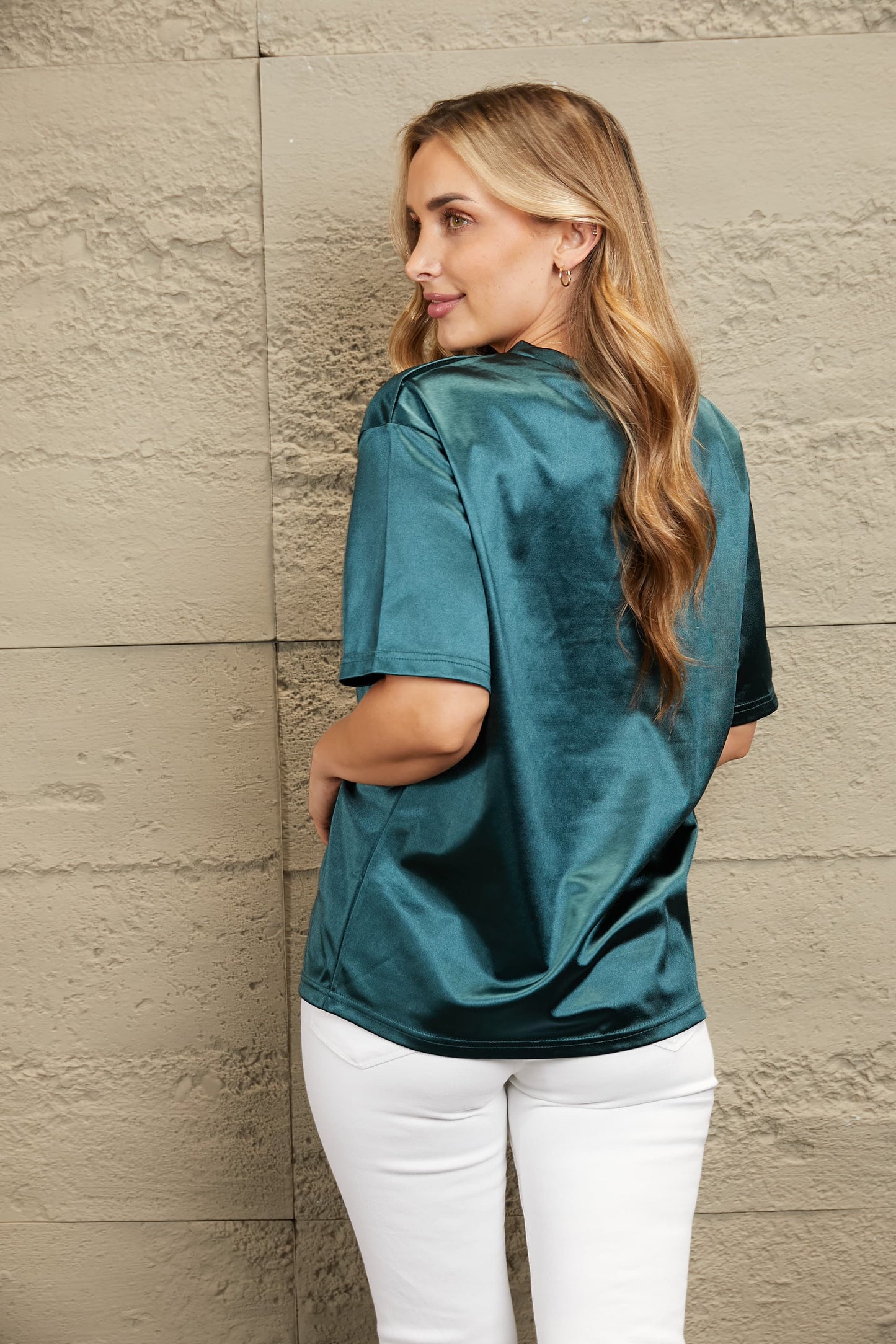 Metallic Shimmer Round Neck Dropped Shoulder Top by Double Take | 3 Colors