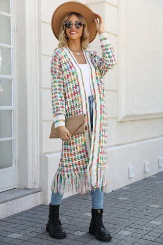 Multicolored Open Front Fringe Hem Cardigan