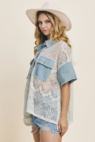 ODDI Button Up Short Sleeve Lace Shirt