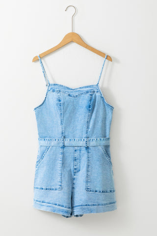 Tied Belt Spaghetti Strap Denim Romper