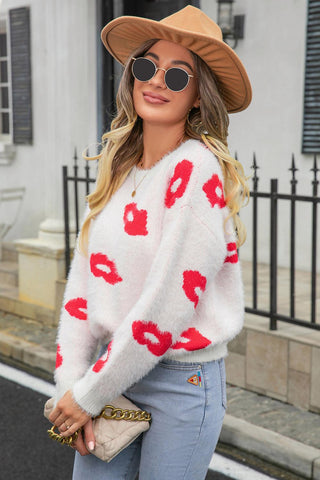 Printed Round Neck Long Sleeve Fuzzy Sweater - Closet of Ren