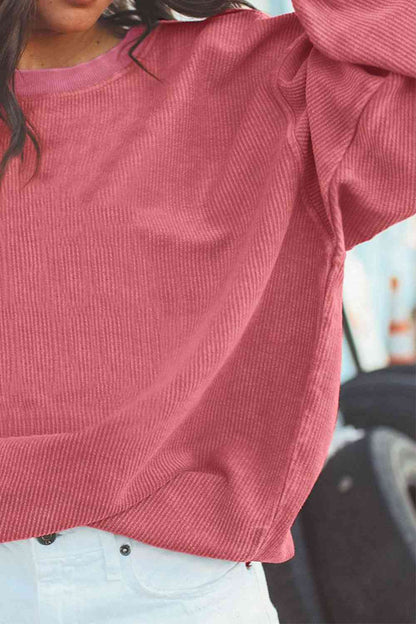 Ribbed Round Neck Drop Shoulder Sweatshirt | Multiple Color Choices