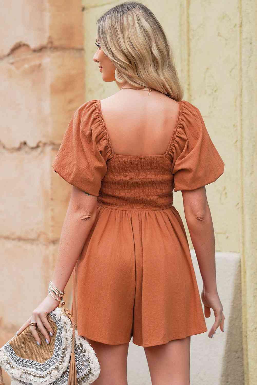 Square Neck Pleated Romper with Pockets - Closet of Ren