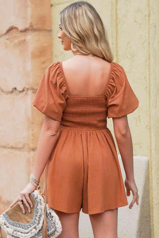 Square Neck Pleated Romper with Pockets - Closet of Ren