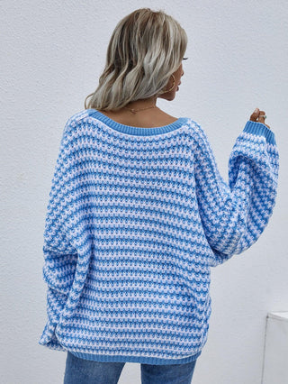 Striped Drop Shoulder V-Neck Pullover Sweater - Closet of Ren