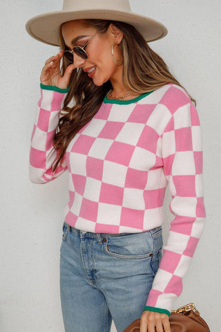 Checkered Round Neck Sweater - Closet of Ren