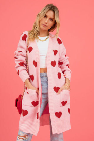 Heart Graphic Open Front Cardigan with Pockets | Multiple Color Options