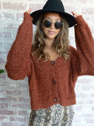 V-Neck Button Up Long Sleeve Fuzzy Cardigan