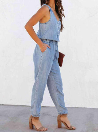 Drawstring Waist Sleeveless Denim Jumpsuit | Multiple Color Options - Closet of Ren