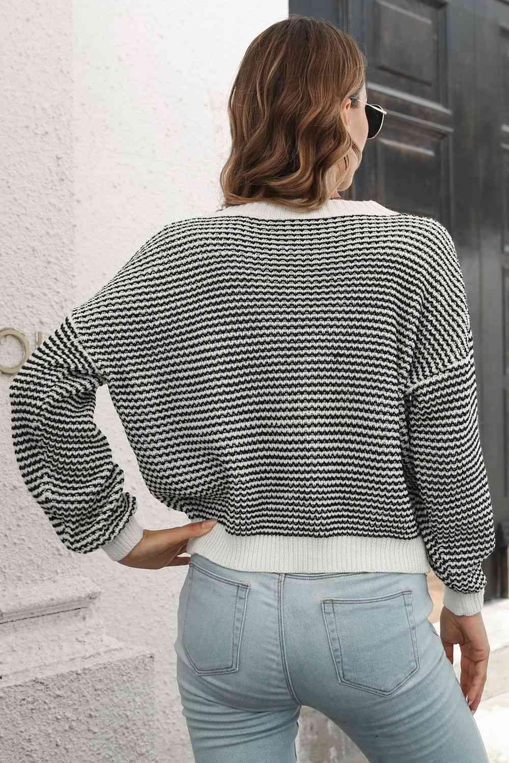 Striped Round Neck Dropped Shoulder Sweater - Closet of Ren