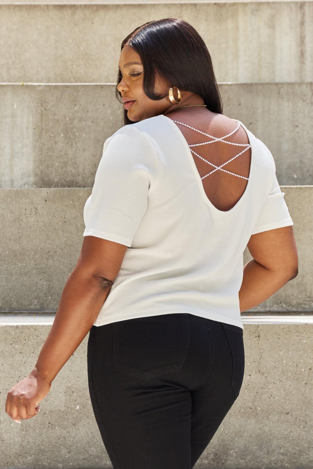 And The Why Pearly White Full Size Criss Cross Pearl Detail Open Back T-Shirt - Closet of Ren