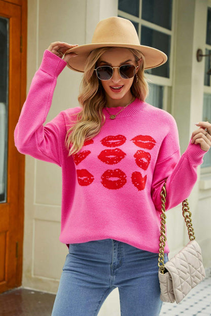 Woven Right Lip Graphic Slit Dropped Shoulder Sweater - Closet of Ren