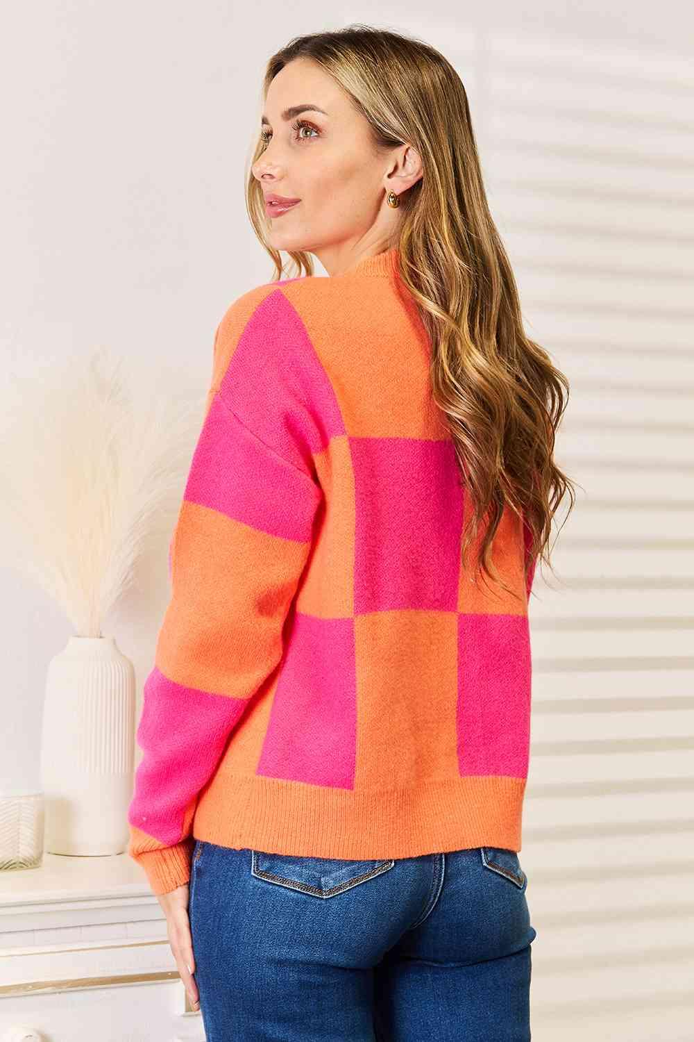 Woven Right Checkered V-Neck Dropped Shoulder Cardigan - Closet of Ren