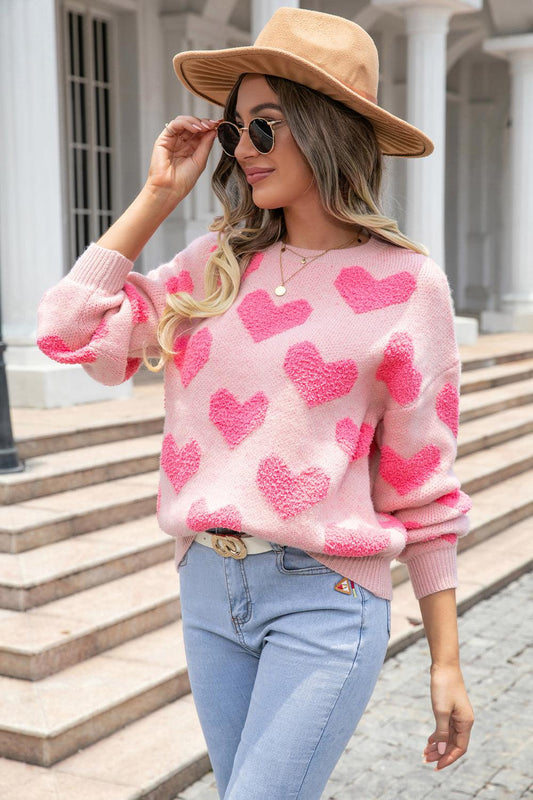 Round Neck Dropped Shoulder Sweater with Heart Pattern - Closet of Ren