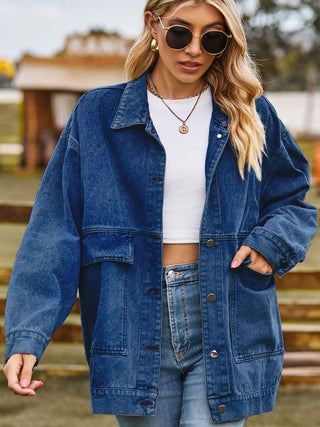 Dropped Shoulder Denim Jacket with Pockets - Closet of Ren