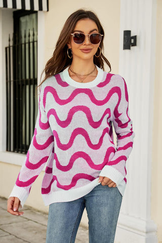 Wave Stripe Ribbed Trim Tunic Sweater - Closet of Ren