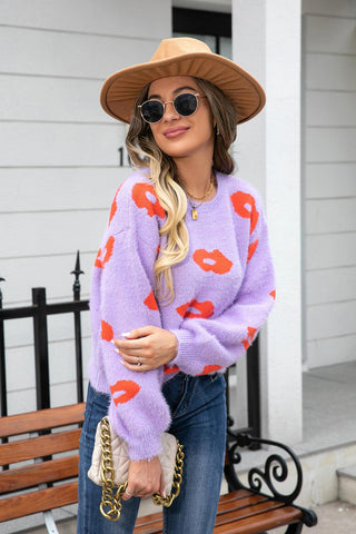 Printed Round Neck Long Sleeve Fuzzy Sweater - Closet of Ren