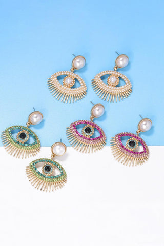 Evil Eye Rhinestone Dangle Pearl Earrings - Closet of Ren