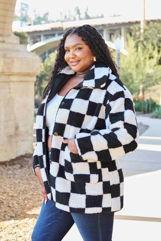 Chic Black and White Checkered Coat with Pockets