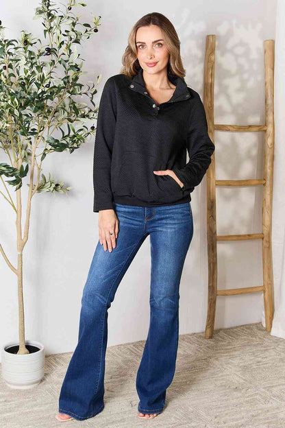 Double Take Half Buttoned Collared Neck Sweatshirt with Pocket