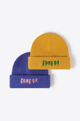 COME ON Embroidered Cuff Knit Beanie - Closet of Ren