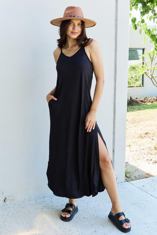 Ninexis Good Energy Full Size Cami Side Slit Maxi Dress in Black - Closet of Ren