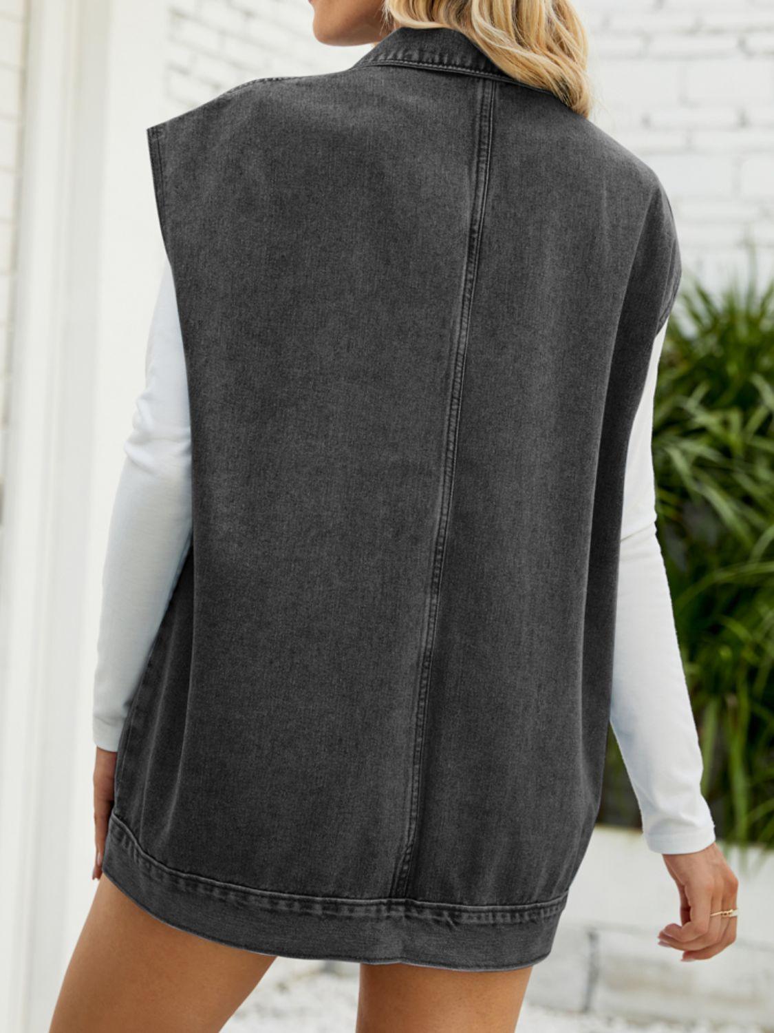 Collared Neck Sleeveless Denim Vest Top with Pockets - Closet of Ren