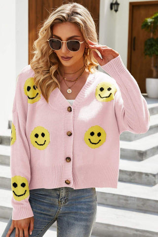 Smiley Face Ribbed Trim V-Neck Cardigan - Closet of Ren