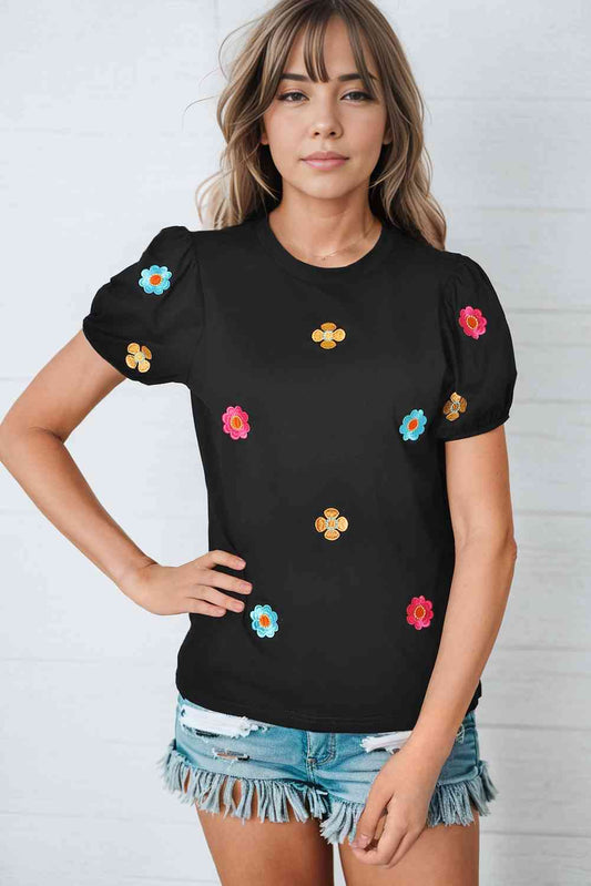 Embroidered Flower Round Neck Puff Sleeve Top