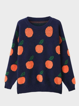 Fruit Printed Round Neck Drop Shoulder Sweater