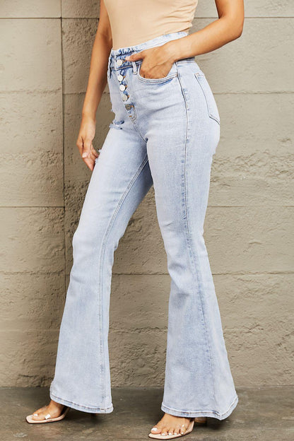 BAYEAS High Waisted Button Fly Flare Jeans - Closet of Ren