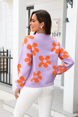 Floral Print Round Neck Dropped Shoulder Pullover Sweater - Closet of Ren