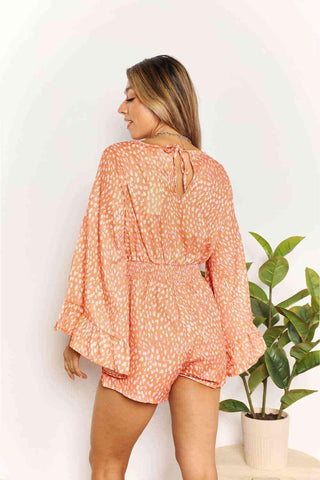 Double Take Printed Flare Sleeve Surplice Romper - Closet of Ren