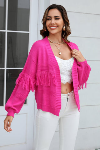 Double Take Fringe Trim Open Front Cardigan - Closet of Ren