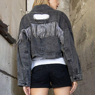 Sparkle Fringe Cropped Denim Jacket - Closet of Ren