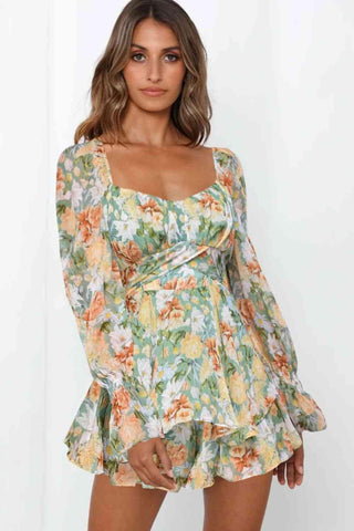 Floral Sweetheart Neck Flounce Sleeve Romper - Closet of Ren