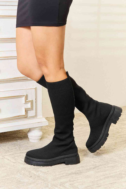 WILD DIVA Footwear Knee High Platform Sock Boots in Black