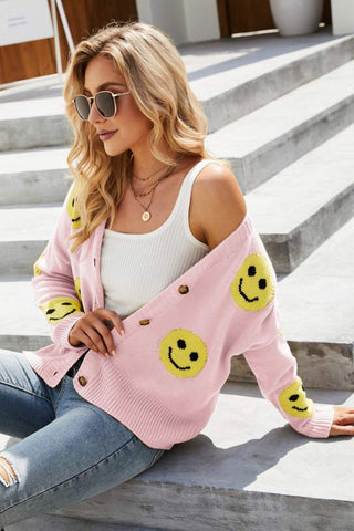 Smiley Face Ribbed Trim V-Neck Cardigan - Closet of Ren