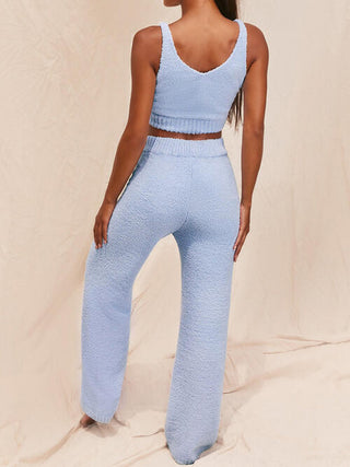 Fuzzy V-Neck Cropped Tank and Pants Set | Multiple Color Options