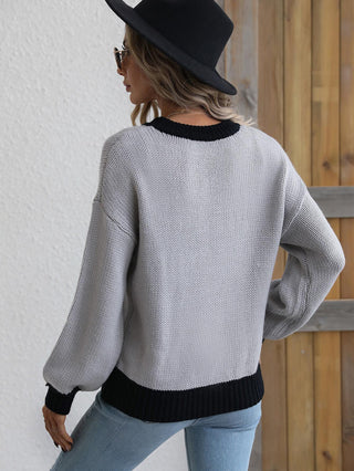 Contrast Trim Drop Shoulder Pullover Sweater - Closet of Ren