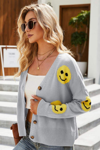 Smiley Face Ribbed Trim V-Neck Cardigan - Closet of Ren