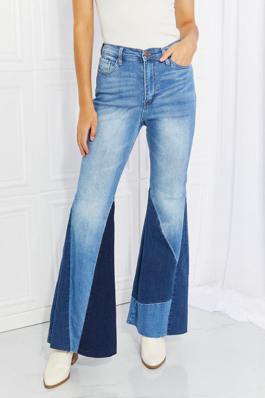 Vibrant Sienna Full Size Color Block Flare Jeans - Closet of Ren