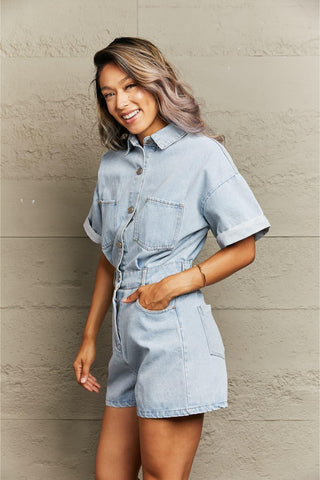 Collared Neck Denim Romper with Pockets - Closet of Ren